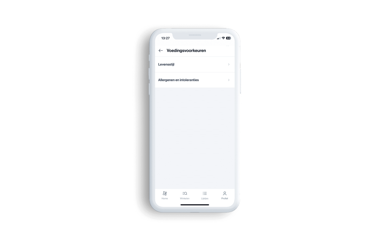 Schermafbeelding van de verschillende opties bij Voedingsvoorkeuren in de Xtra-app: levensstijl en allergenen en intoleranties.