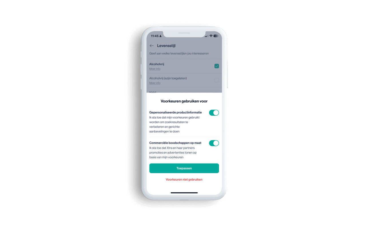 Afbeelding van de Xtra-app waarin er binnen de functionaliteit Voedingsvoorkeuren toestemming wordt gevraagd voor commerciële boodschappen op maat. 