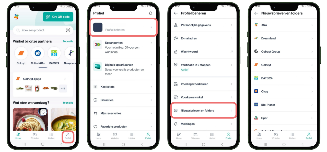 Pad in app naar nieuwsbrieven en folders